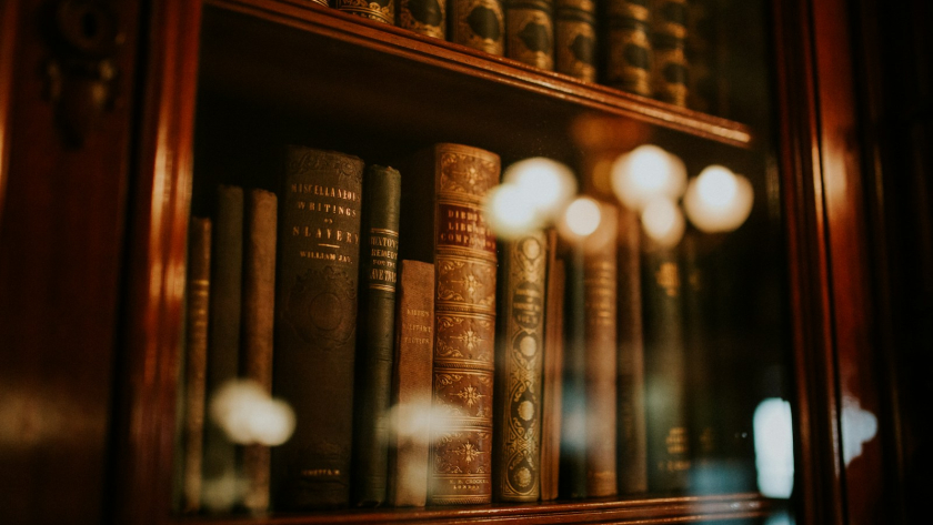 books in glass bookcase